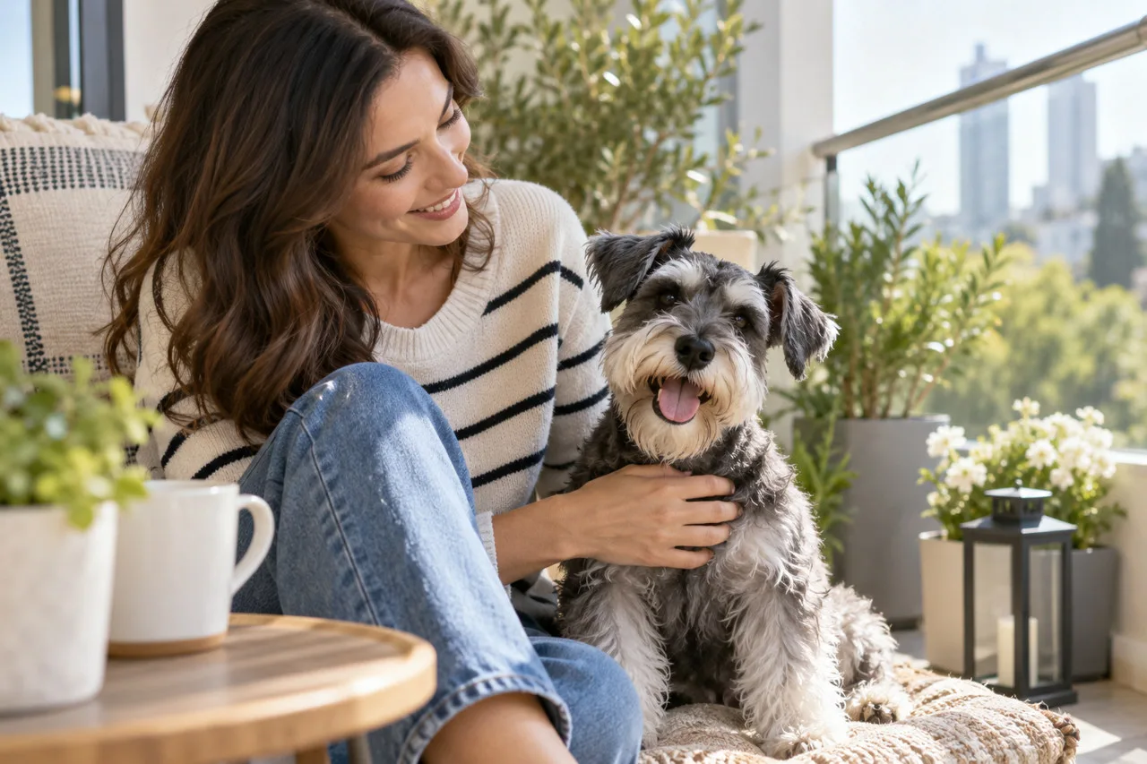 Owner sitting with a small dog on a bright porch