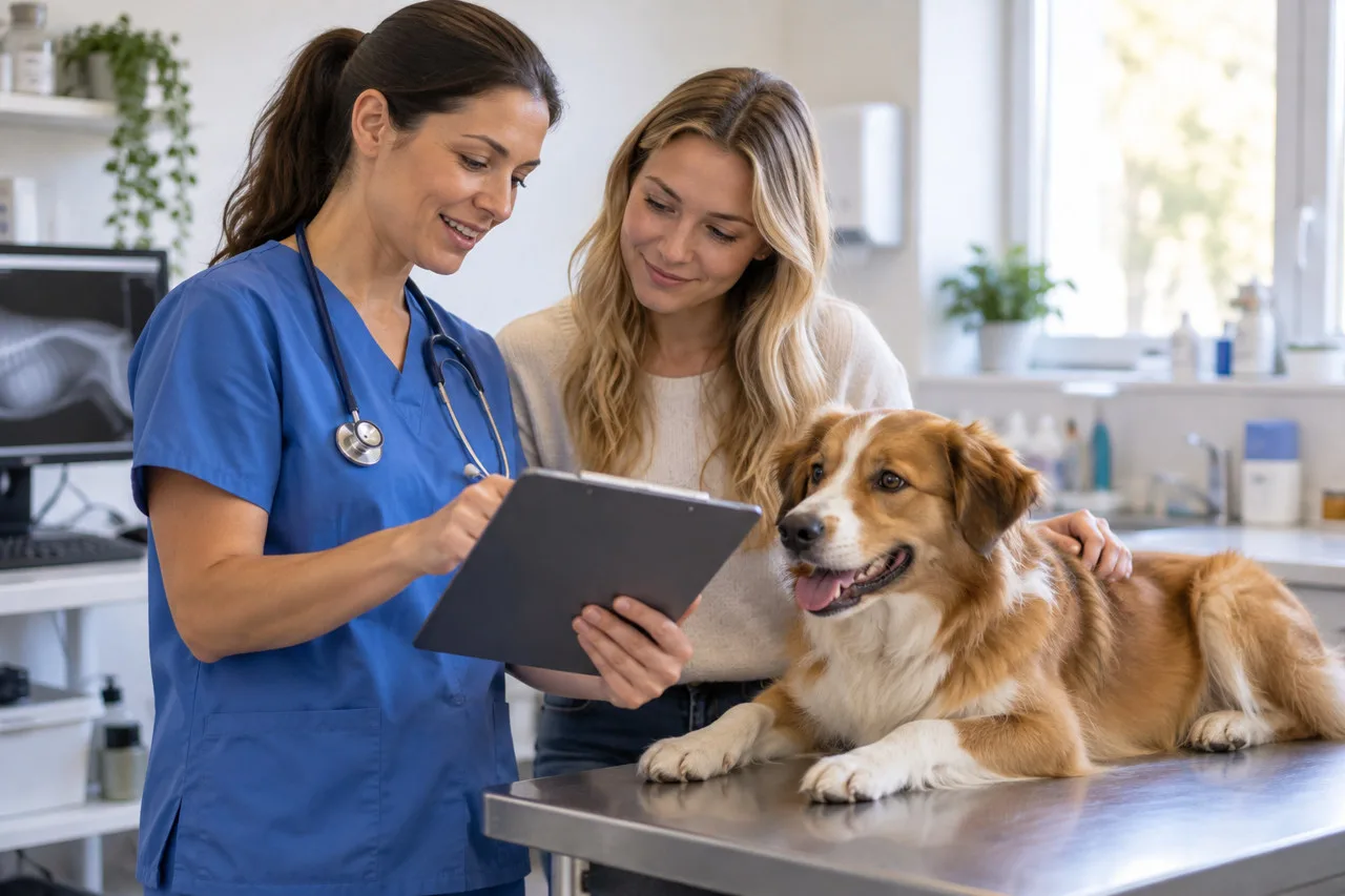 Veterinarian holding a folder beside a dog and its owner